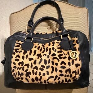 LIKE NEW Audrey Brooke Black Leather Leopard Print Satchel/Bag